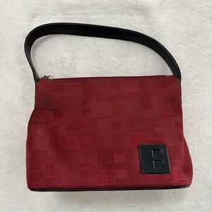 BALLY Burgundy Red Canvas Handbag with Black Leather Strap